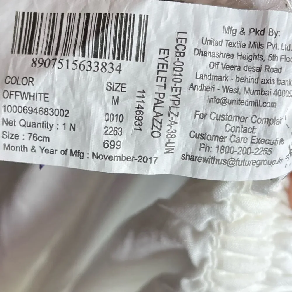Women's White Rayon Straight Palazzo Size Medium